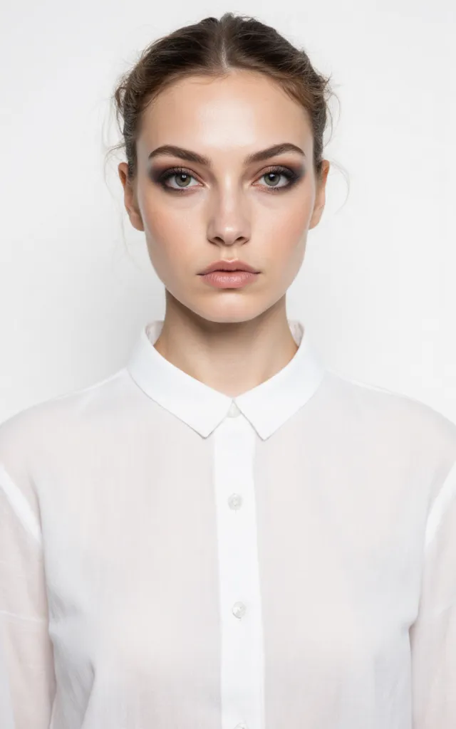 A French female model with a Dramatic makeup style, wearing a shirt, against a white background, in a front   facing bust portrait